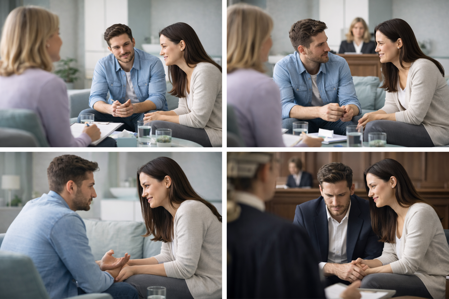 Illustration of a mediator sitting with two people, having a conversation in a cozy office setting.